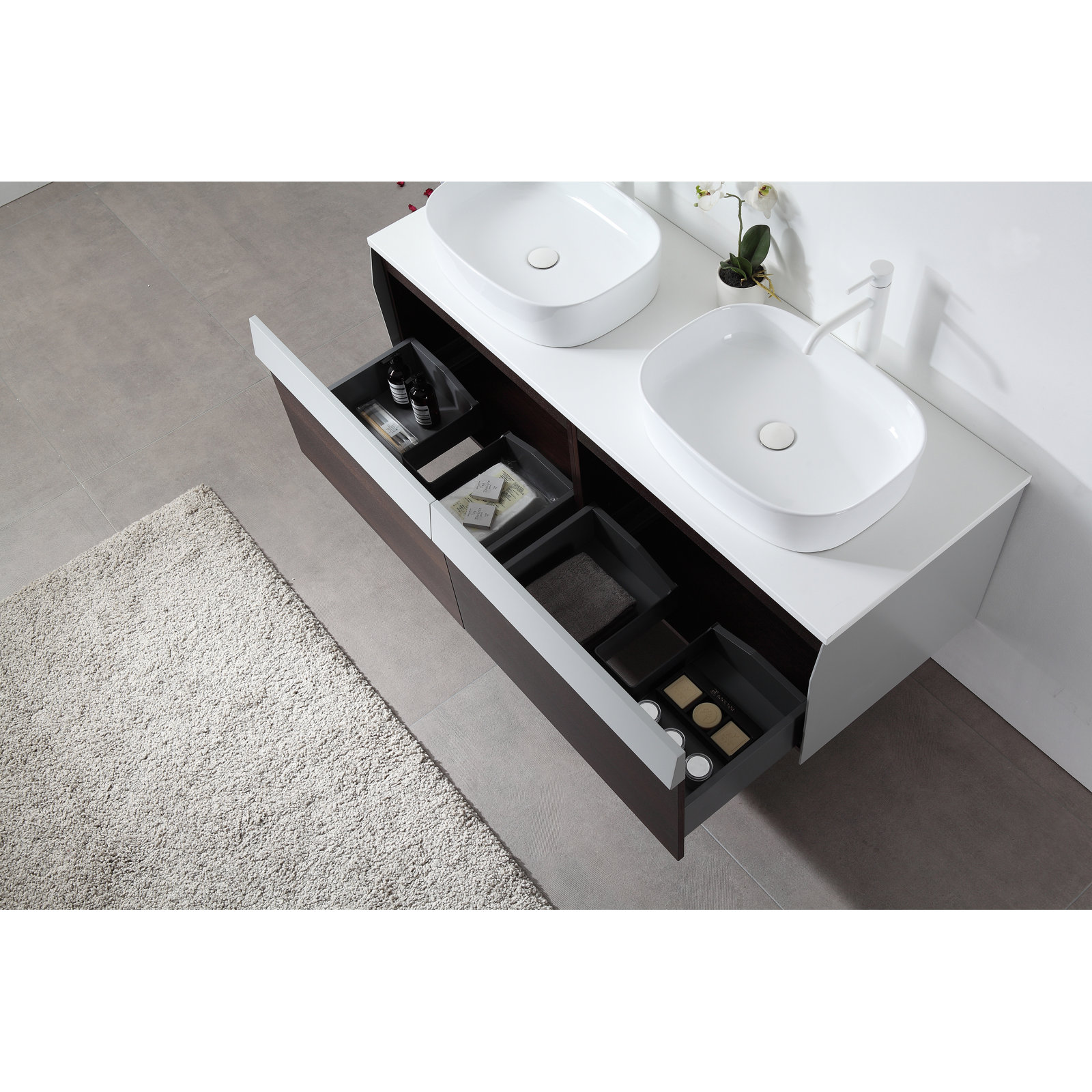 Lynwood 55" Wall-Mounted Double Bathroom Vanity Set, Smoke Gray/Dark Brown