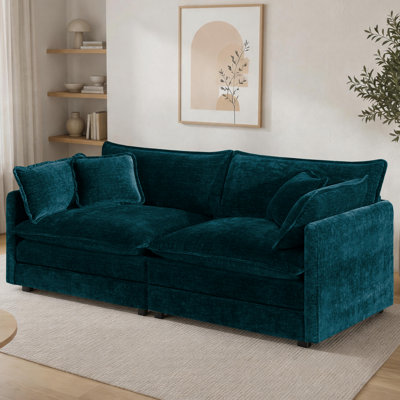 Canapé moderne en chenille avec 4 coussins - assise profonde, structure en bois massif