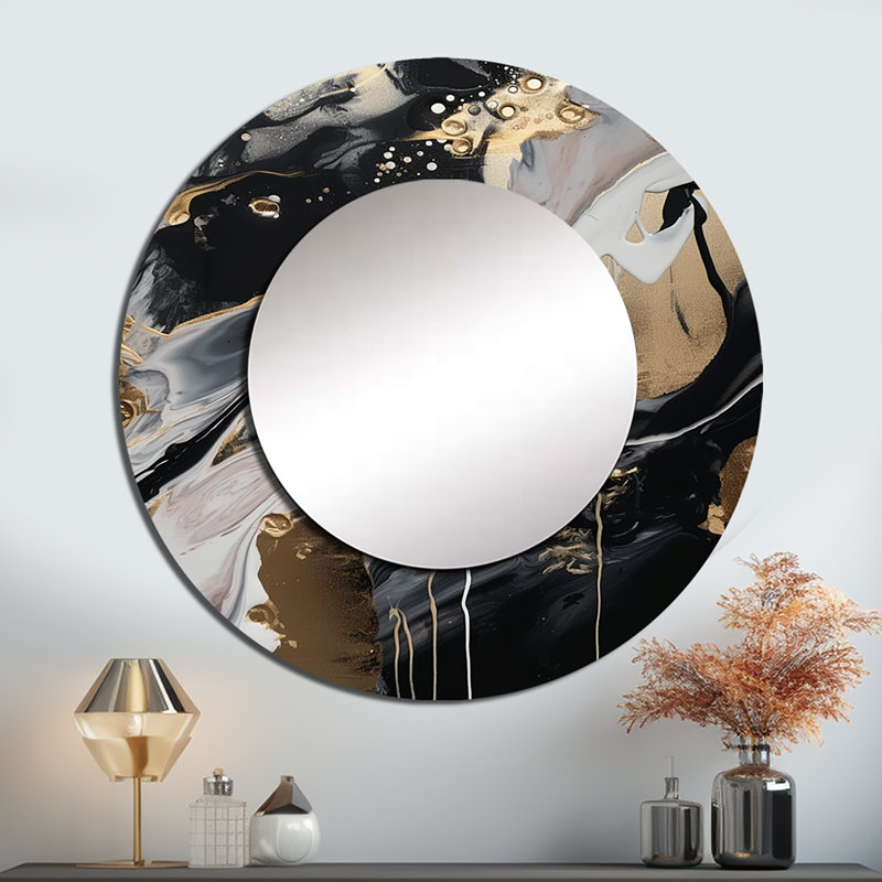 Phylys dos et marbre doré Medley III - miroir unique en marbre, grand miroir mural rond moderne, impression d'art en métal