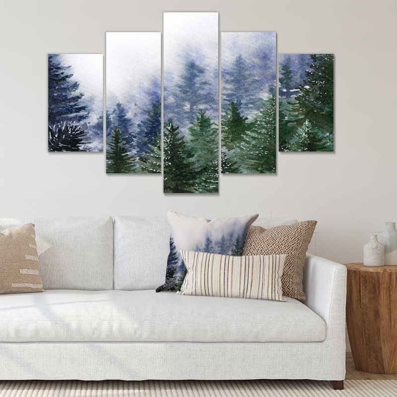 Forêt naturelle dans une scène de brouillard - peinture sur toile tendue 5 pièces