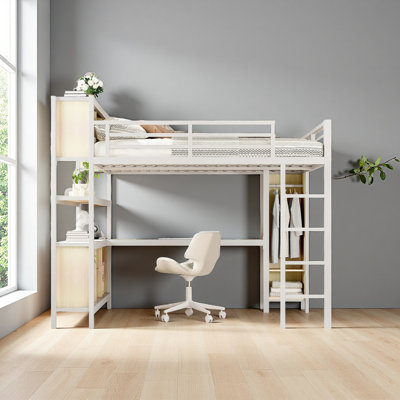 Metal Loft Bed With Wardrobe And L-Shaped Desk, Queen Size Loft Bed With Storage Cubes And Shelves, Heavy Duty Loft Bed For Kids Teens Adults