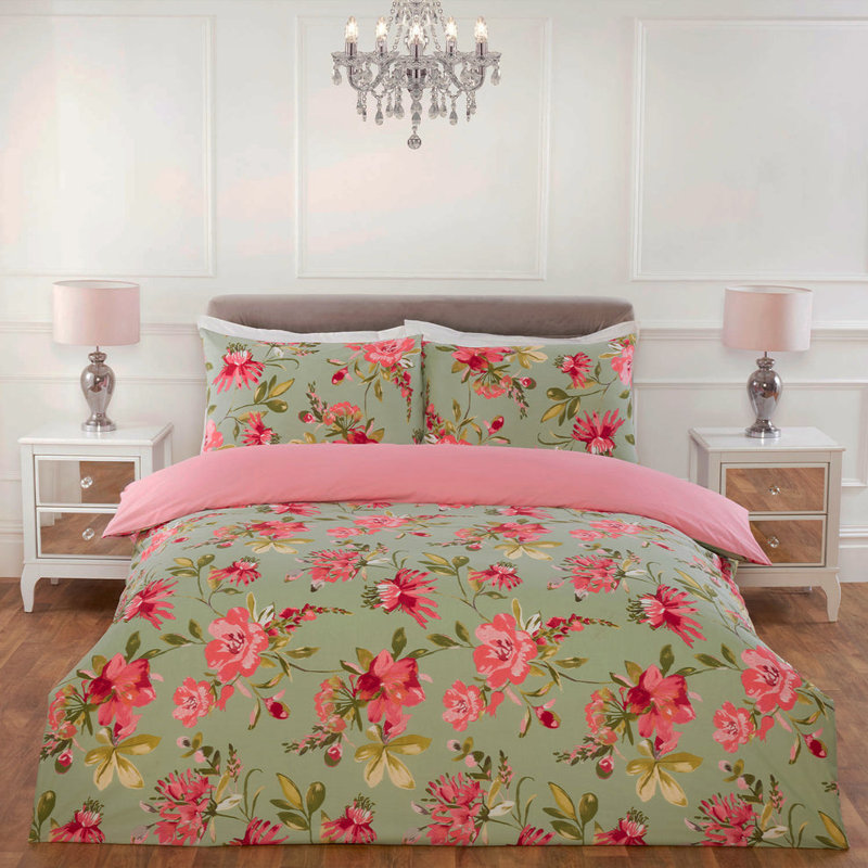 Lara Sage Floral Reversible Duvet Set    , Kingsize