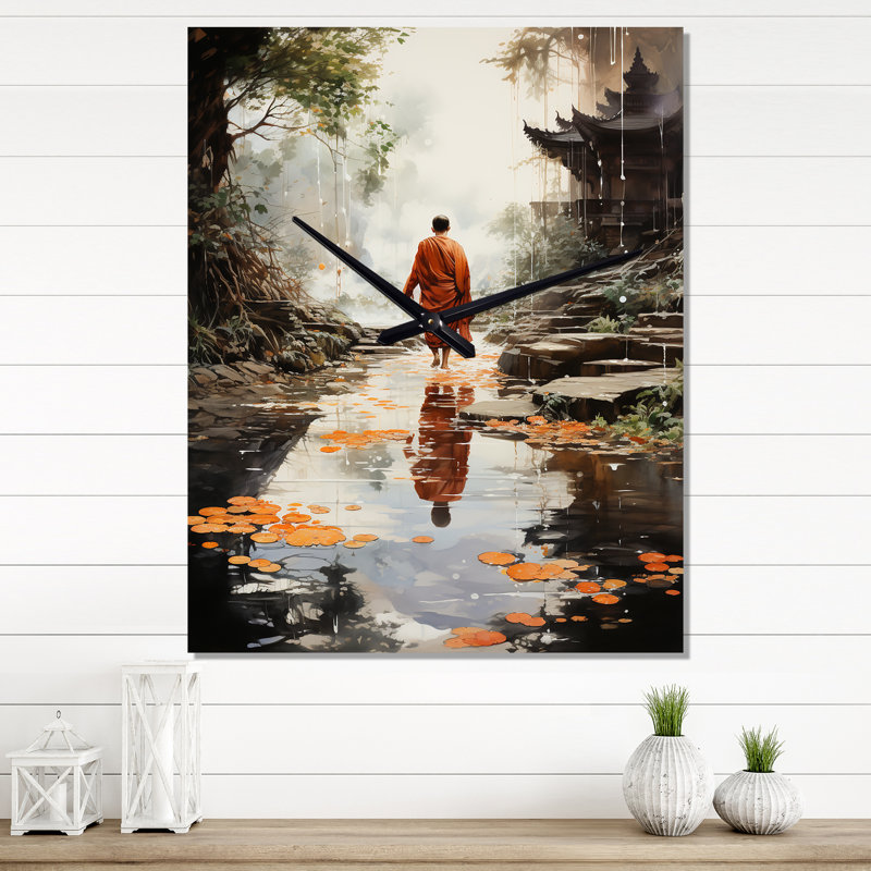 Horloge murale bouddique orange et orange sur fond bouddhas I, H 32 po x l 16 po x P 1 po