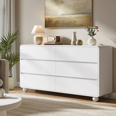 Commode 6 tiroirs pour la chambre à coucher, commode en bois de 53 po de largeur et commodes avec poignées cachées et profil incurvé, meuble télé en bois pour la chambre à coucher, placards muraux, salon, couloir