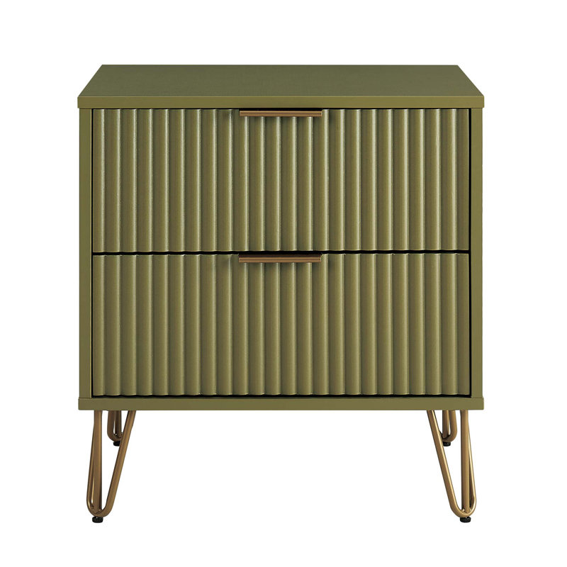 Table de chevet 20 cannelés à 2 tiroirs | Vert olive et accent doré | Idée de cadeau, Ensemble de 2, Vert olive