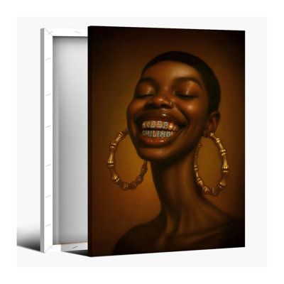 Black Woman Wall Art Keep Smiling Ladies Canvas Print Modern African American Beauty Poster Trendy Funky Black Girl Room Decor Afrocentric Portrait Pictures Painting For Bedroom 20X30inch Framed