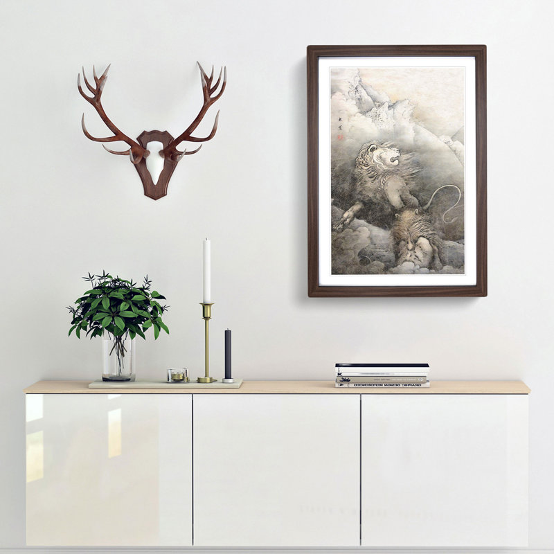 Lions by Kano Hogai - Picture Frame Painting Print, Walnut Framed, 65cm H x 48cm W x 2cm D
