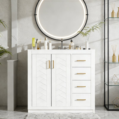 36" Freestanding Bathroom Vanity Cabinet With Ceramic Sink - 3 Drawers, Soft Closing Doors