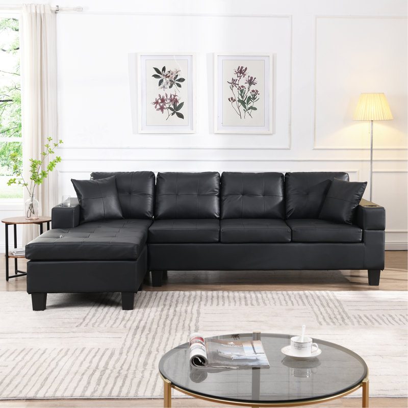 Ensemble de canapé modulaire pour salon avec méridienne en L, porte-gobelet et méridienne moderne à gauche ou à droite (noir)