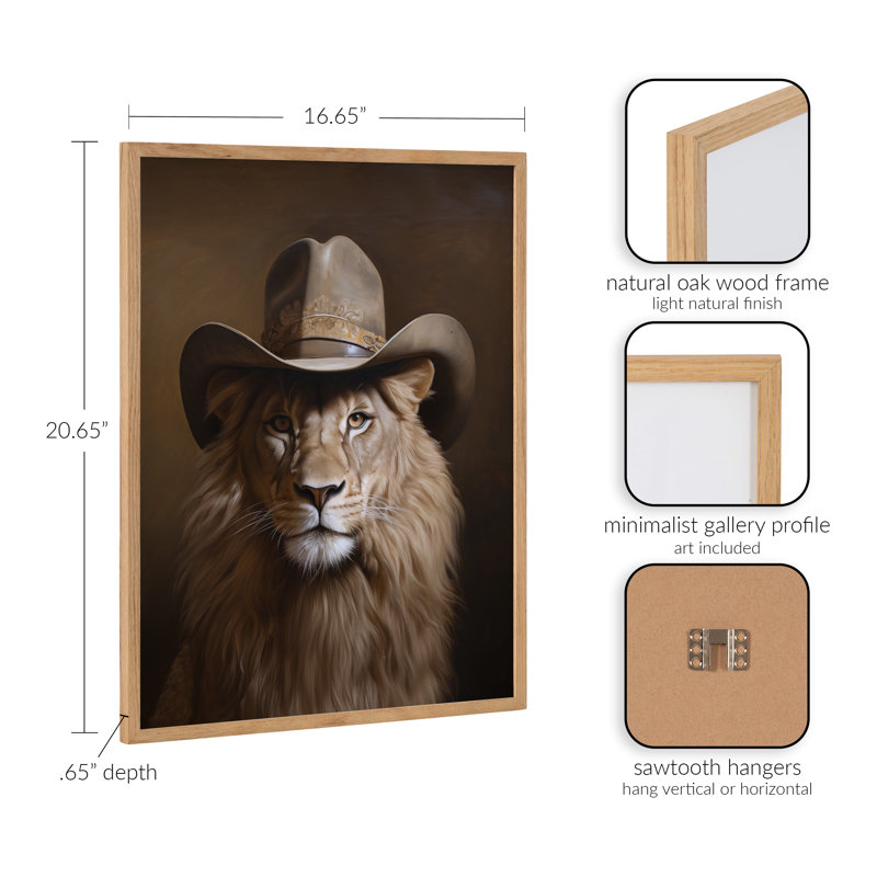 Lion Wearing a Western Cowboy Hat by The Creative Bunch Studio Framed Wall Art Print, Encadrement brun clair