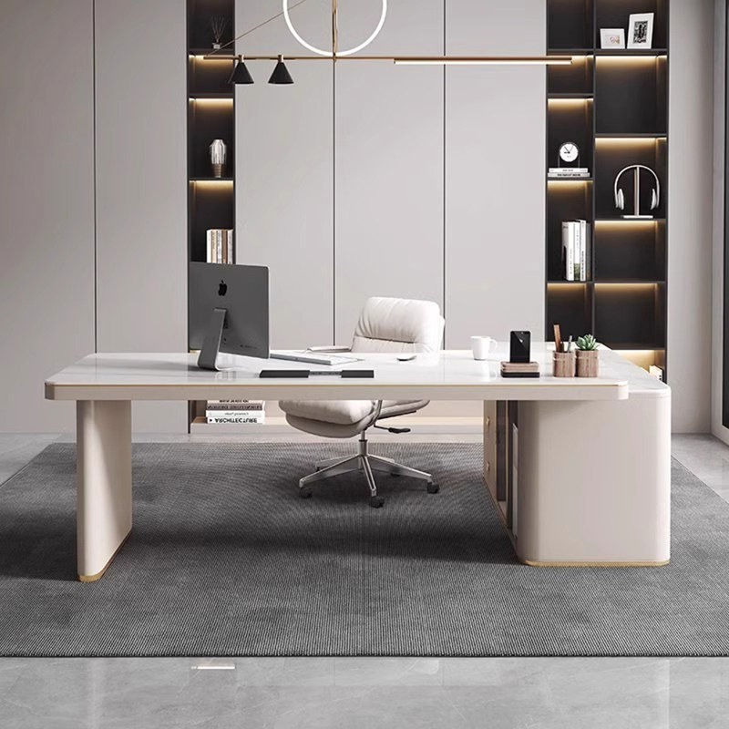 Bureau blanc et blanc en bois fritté en forme de L + bois manufacturé avec 3 tiroirs, H 29,53 po x l 62,99 po x P 27,56 po