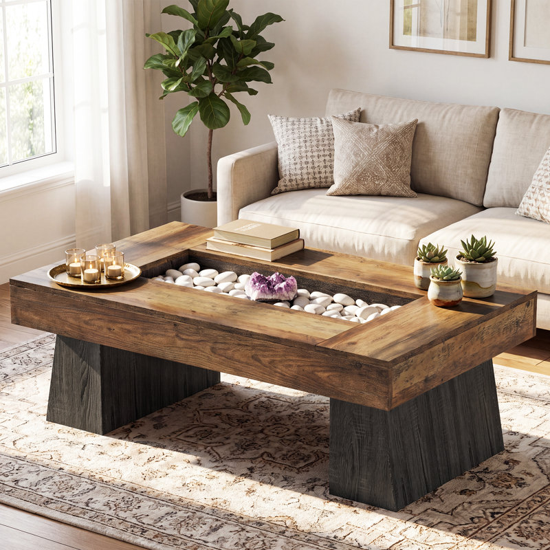 Table basse de 120 cm de large avec rangement central encastré, grande table basse pour salon