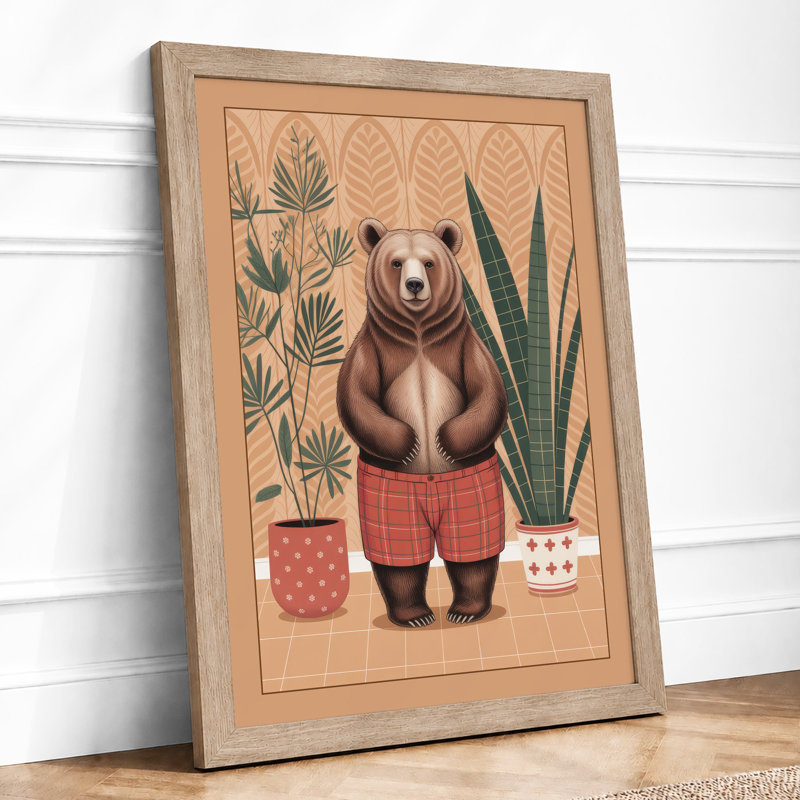 Bear Among Plants Mid-Century - Framed Print, A3 - 42.0 x 29.7 cm, Oak