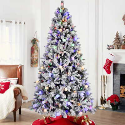 Arbre de Noël floqué avec lumières colorées 400L à DEL avec boule G45, arbre réaliste articulé en PE + PVC + à aiguille dure avec fil mémoire, 10 modes d'éclairage, interrupteur au pied et support en métal stable