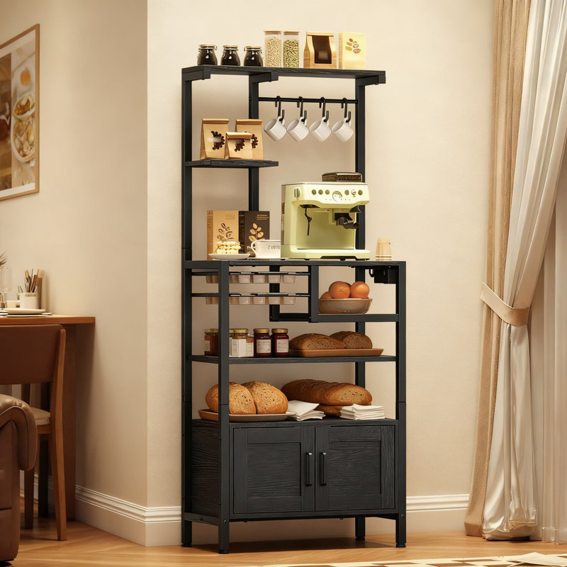 Étagère de boulanger avec prise de courant et armoire de rangement, support pour micro-ondes avec tiroir à café, organisateur de cuisine grande capacité avec 4 crochets, assemblage facile