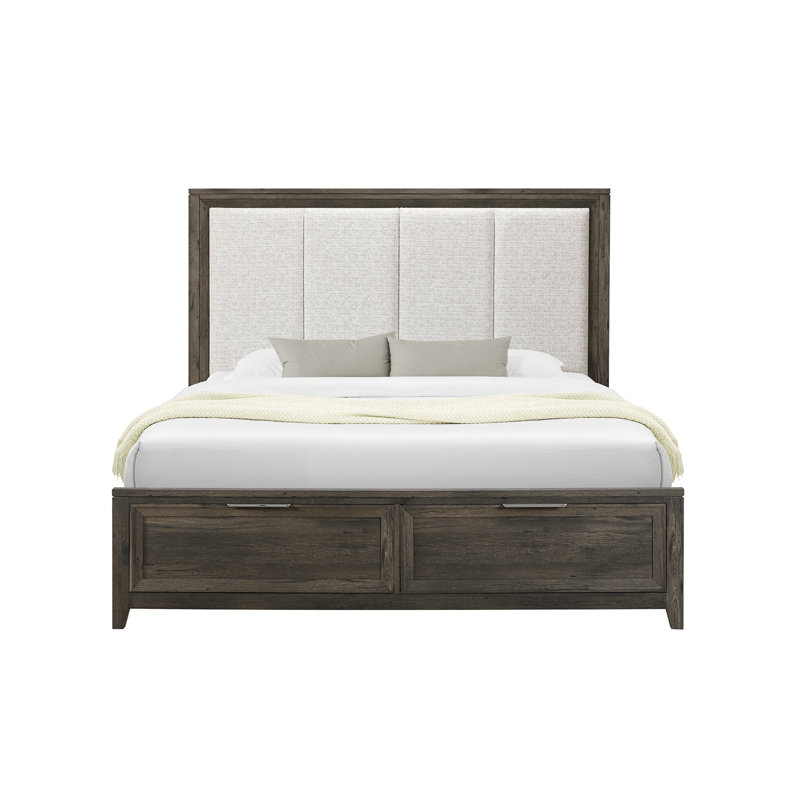 Cadre de lit contemporain avec panneau de rangement tapissier avec tiroirs intégrés au pied de lit, lit de chambre à coucher à profil bas en bois massif et manufacturé, très grand