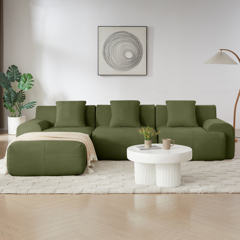 Boneless 113" Modern L-Shaped Modular Sectional Sofa for Living Room, Corduroy Upholstery, Oversized 3-Seater Couch with Deep Seat and Movable Ottoman – No Assembly