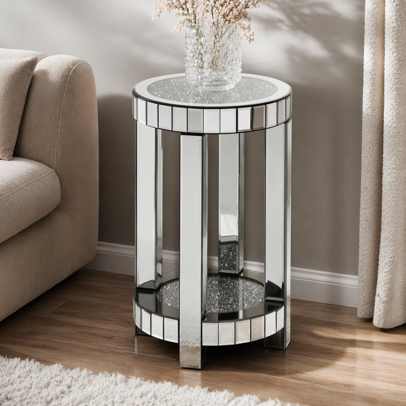 Table ronde en miroir avec incrustation de cristal, petit canapé moderne à 2 couches avec espace de rangement, table décorative argentée convenant au salon, à la chambre à coucher, au café et aux petits espaces