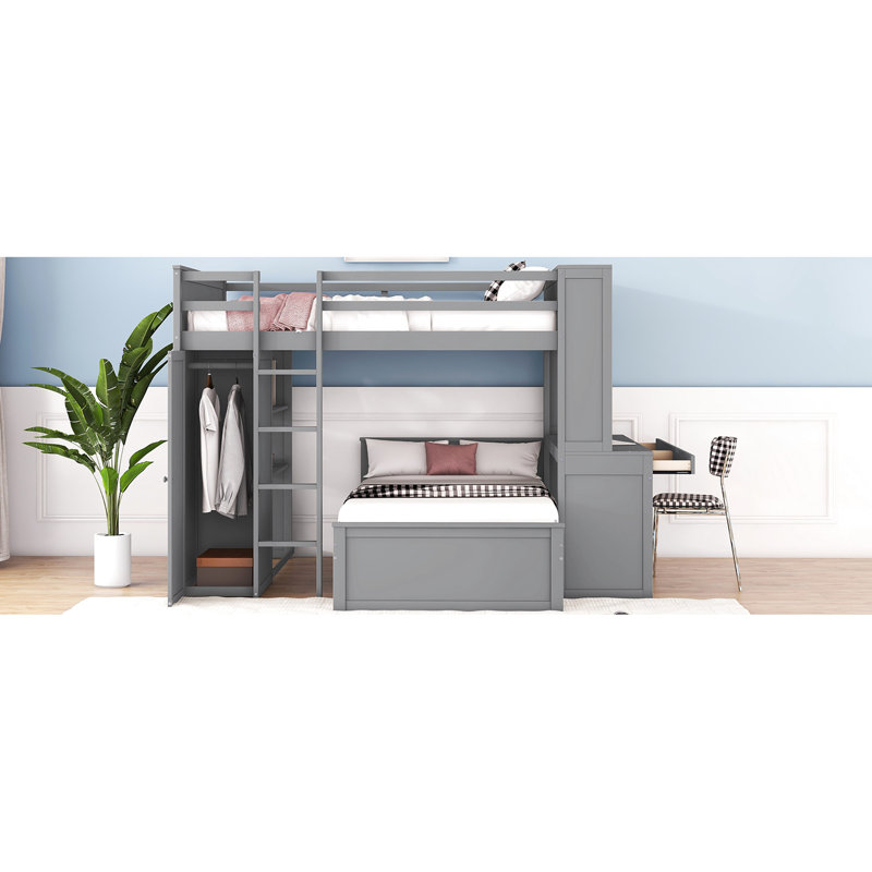 Lit mezzanine double avec lit simple, tablettes grises, bureau, garde-robe pour chambre à coucher, garde-robe. Maximisez votre espace. Fabrication. H 65 po x l 94,8 po x l 78,7 po. Aucune fondation nécessaire