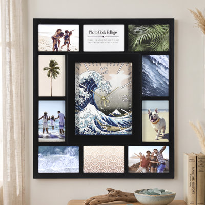American Art Decor Photo Collage "The Great Wave" Black Wall Clock 21"