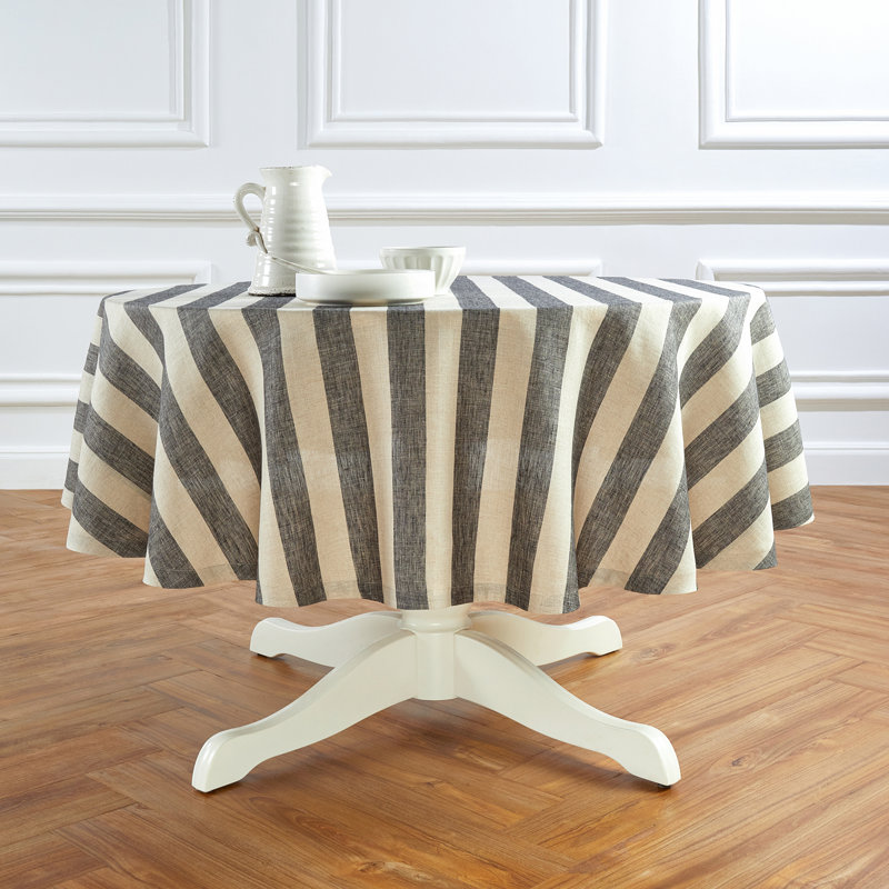 Cabana Stripe - 100% Pure Linen Round Tablecloth, Black and Natural, 70" Round
