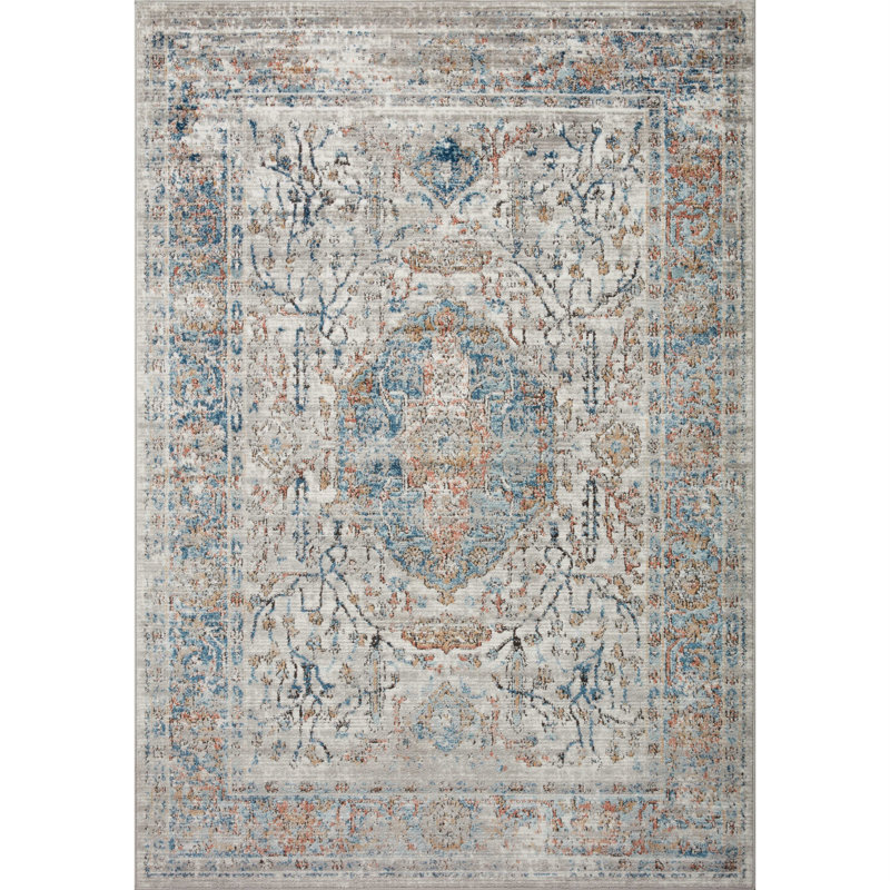 Tapis oriental gris / bleu en polypropylène Mainville, Tapis de couloir 2 pi 8 po x 13 pi