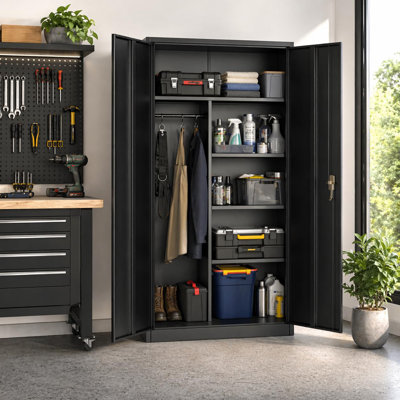 Heavy Duty Metal Wardrobe Cabinet with Lock – Freestanding Steel Storage Locker, Adjustable Shelves & Hanging Rod – Secure Storage Solution for Home, Office, Garage, or Bedroom Organization