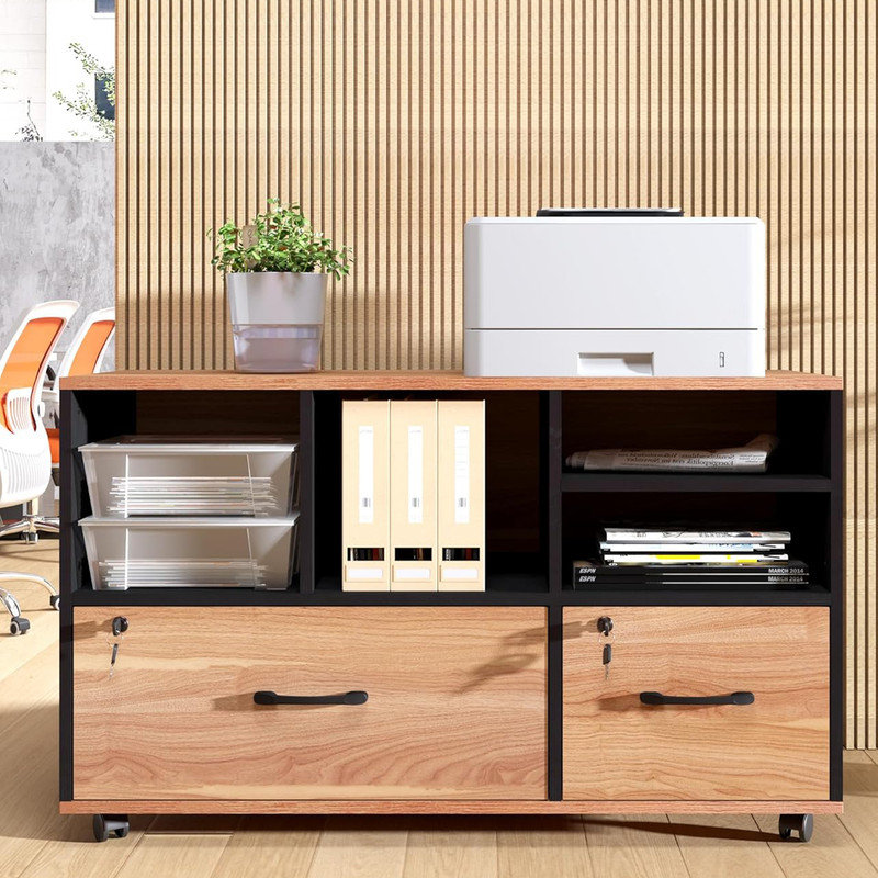 2 Drawer File Cabinet with Lock, Walnut Rolling File Cabinet for Home Office Fits Files Letter/Legal/F4/A4