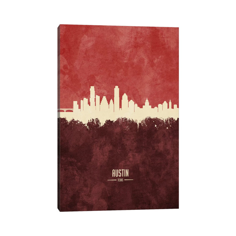 Austin Texas Skyline Burgandy by Michael Tompsett - 1 Piece Wrapped Canvas Wall Art, 30.48 cm H x 45.72 cm W