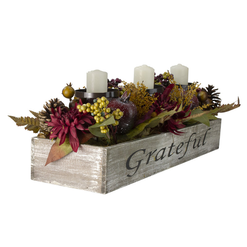 Rustic Autumn Harvest Wooden Candle Holder Centerpiece
