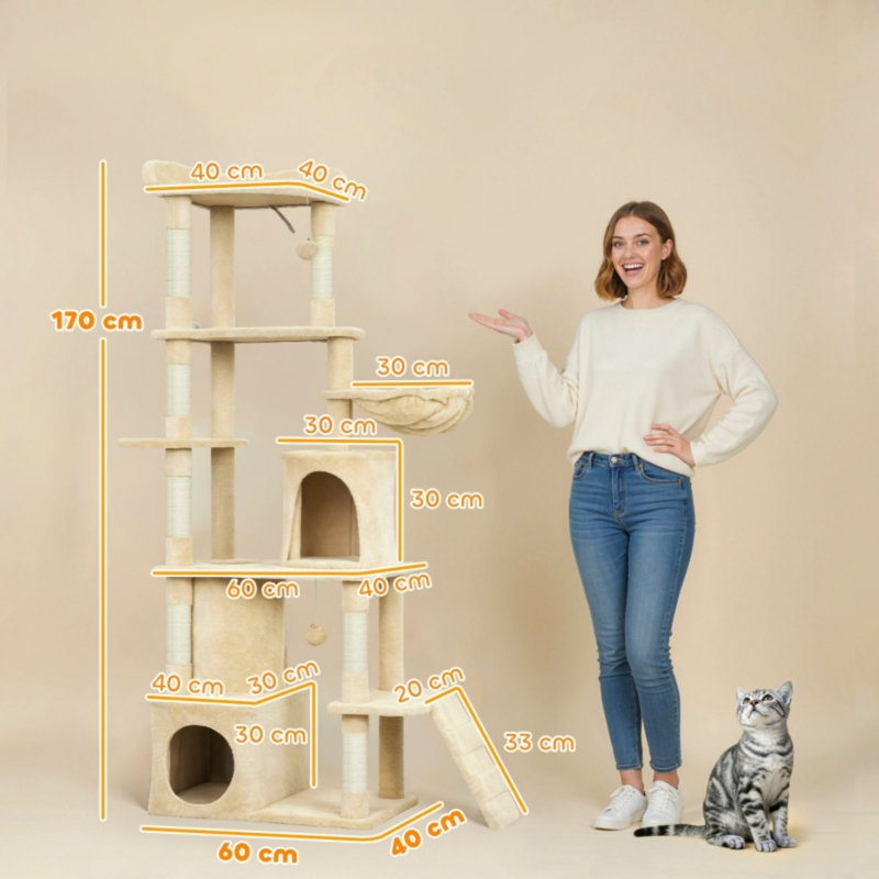 170?cm Large Multi-Level Cat Tree with 7 Scratching Posts, Tunnel, 2 Condos, Hammock, Perch, Ramp & Pompoms, Beige, Beige