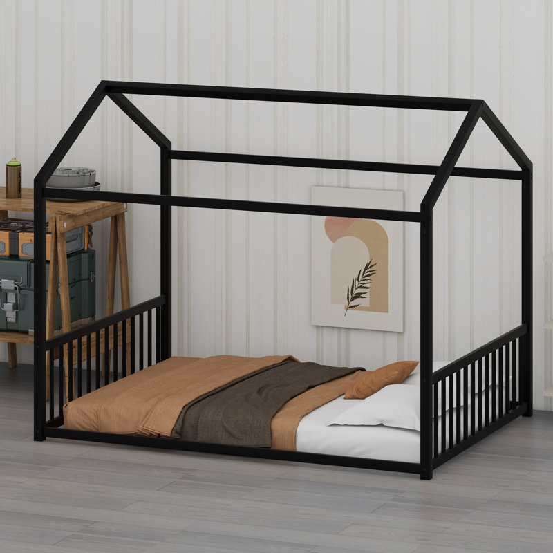 Lit de sol adapté aux enfants avec forme de maison et philosophie Montessori, Lit double, Noir