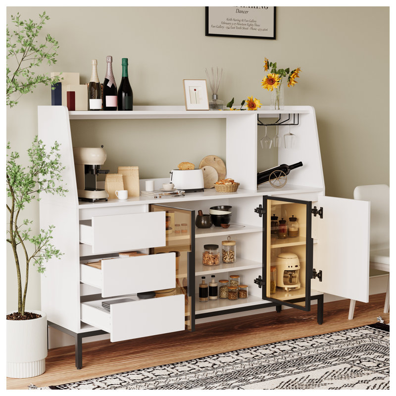 Buffet moderne blanc avec portes en verre, support à vin et 3 tiroirs - grande armoire de rangement de cuisine