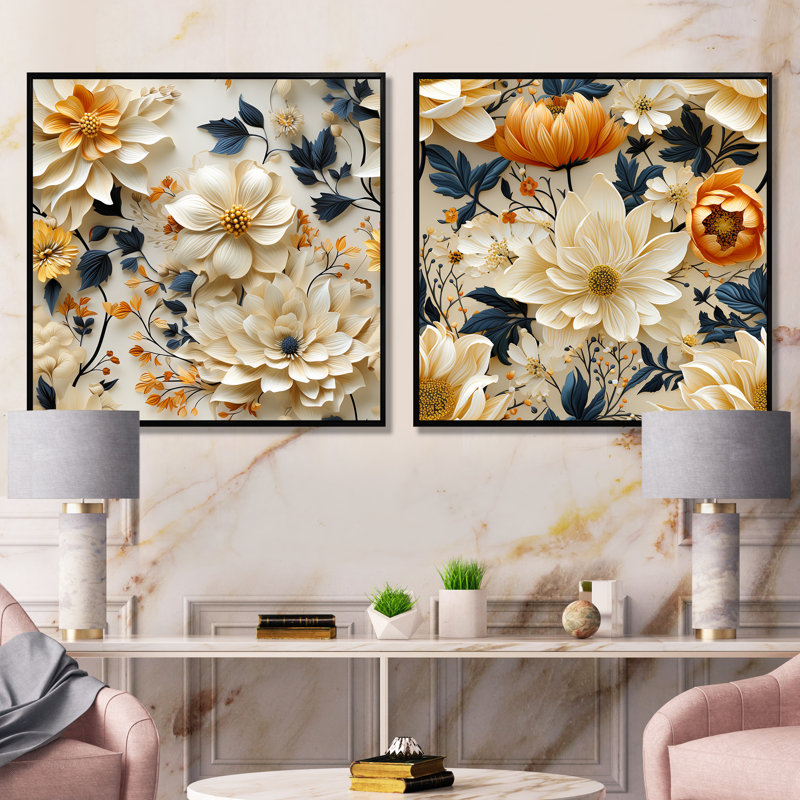Lilian - Ensemble de 2 décorations murales florales, Cadre noir, H 16 po x l 33 po x P 1 po