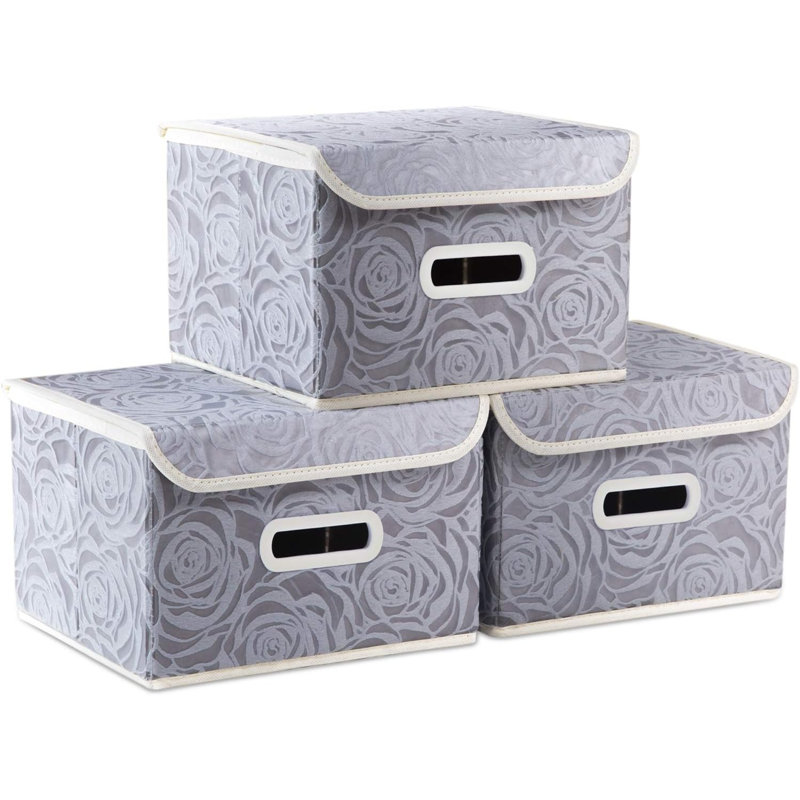 Stackable Storage Boxes With Lids [5-Pack] Fabric Decorative Storage Bins Cubes Organizer Containers Baskets With Cover Handles Divider For Bedroom Closet Living Room