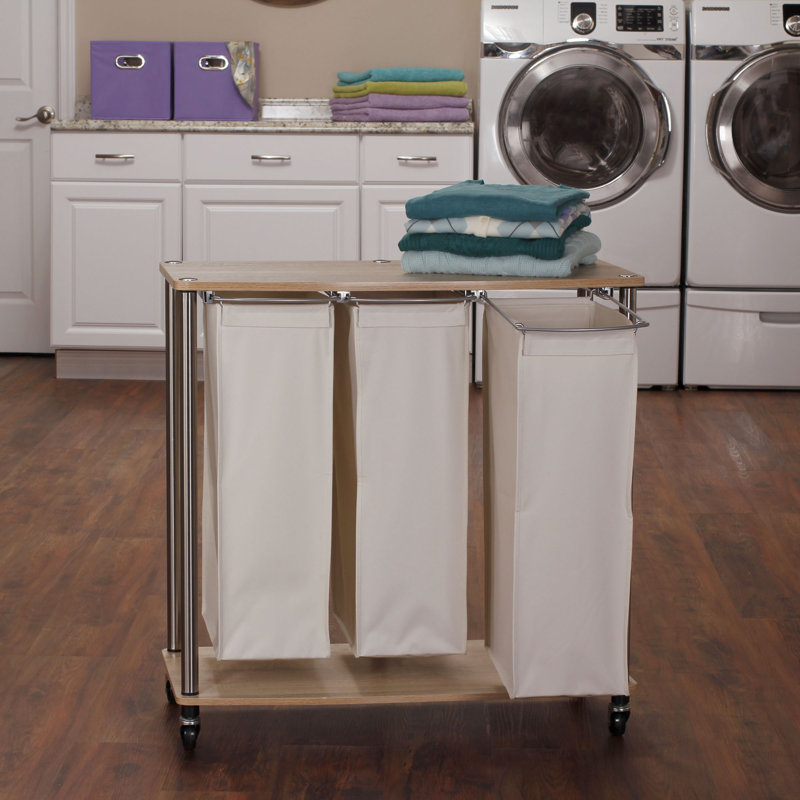 3‑Bag Laundry Sorter with Woodgrain Top, Steel Frame, and Washable Linen Bags, Natural