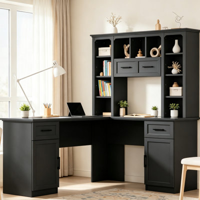 Bureau d'ordinateur en forme de L avec prise de courant, 2 armoires et 2 tiroirs, 11 tablettes de rangement rabattables, poste de travail en bois aggloméré noir pour bureau d'étude