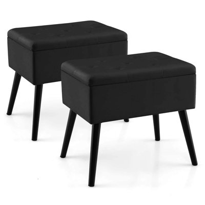 2 Pcs Velvet Vanity Stool Ottoman With Storage Solid Wood Legs Flip-up Top by George Oliver