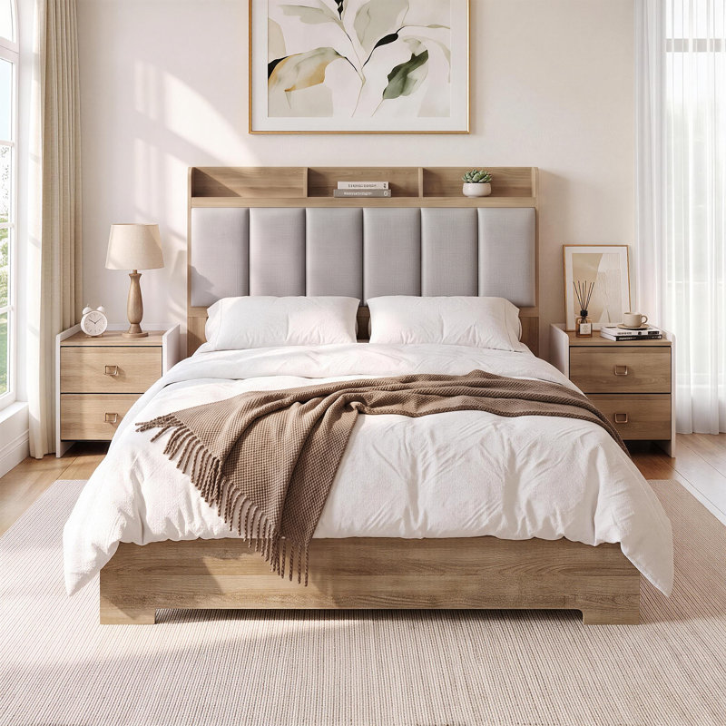 Ensemble de chambre à coucher moderne 3 pièces, tête de lit avec rangement et ports USB, chêne poussiéreux, Très grand lit