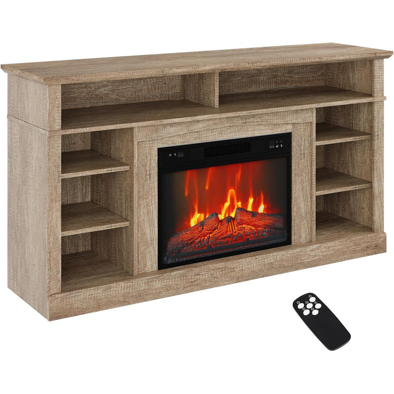 Meuble télé avec foyer pour téléviseur de 58 po, foyer de 23 po avec effet de flamme réaliste et flammes à DEL réglables, meuble télé sur pied avec chauffage de foyer, télécommande, minuterie