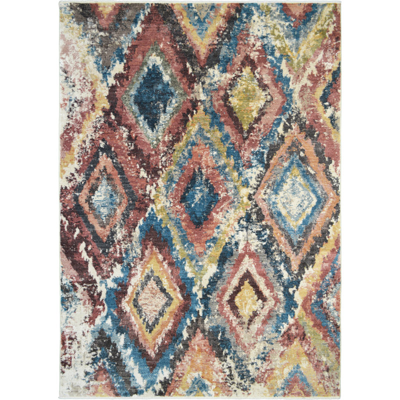 Tapis bleu à motif géométrique Lilwenn, Rectangle 2 pi 1 po x 3 pi 3 po