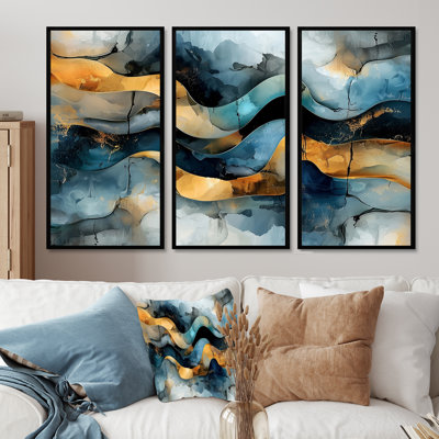 Aqua prismatique labyrinthe de reflets liquides I - formes grand art mural - 3 panneaux