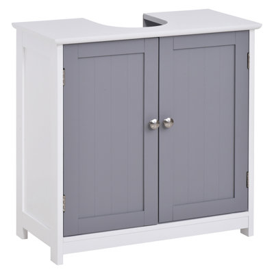 Meuble sous-évier de salle de bain, avec niche en forme de U. Blanc et gris. Optimisation du rangement. Étagère intérieure réglable. Construction robuste. Dimensions : 59,7 cm x 30 cm x 59,7 cm. Supporte jusqu'à 10 kg.