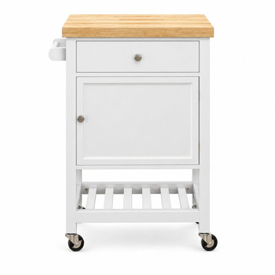 Mobile Kitchen Island Cart with Drawer, Enclosed Cabinet, Open Bottom Shelf, Towel Rack, Rubberwood and MDF Construction, and Four Casters with Two Brakes