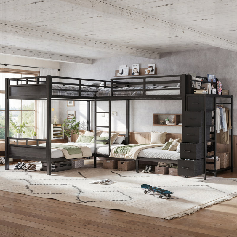 Lit superposé en métal avec tiroirs de rangement, cadre de lit simple avec garde-robe intégrée et tablettes ouvertes, tiroirs en tissu non tissé pour économiser de l'espace