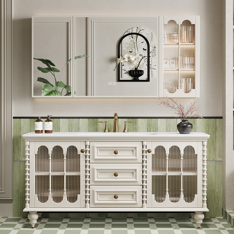Armoire de salle de bain de style français rétro, H 32,28 po x l 55,12 po x P 21,65 po, Blanc cassé