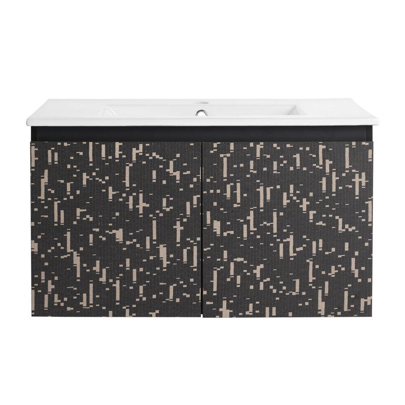Meuble-lavabo flottant mural avec lavabo en céramique et porte d'armoire à fermeture en douceur, ensemble KD