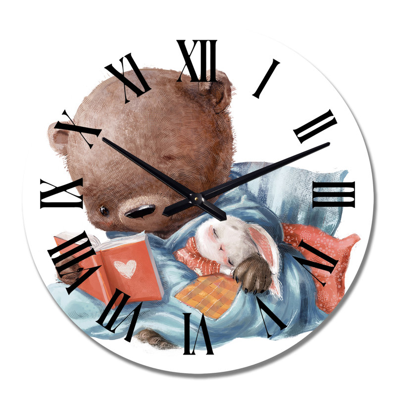 Adorable ourson en peluche avec petit lièvre blanc I - horloge murale pour enfants, Surdimensionné