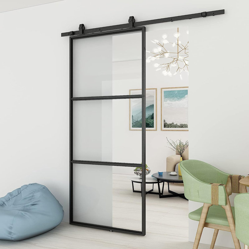 Black Metal Sliding Barn Door with Clear Tempered Glass Panels