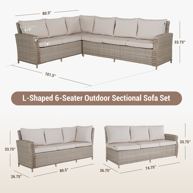 Ensemble modulaire d'extérieur en forme de L en aluminium et osier avec coussin Sunbrella